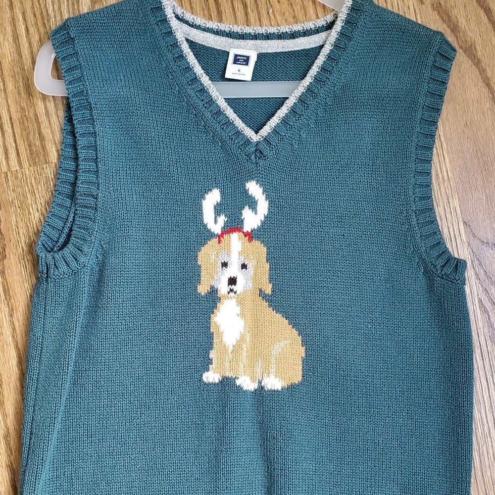 Janie and Jack Boys Hunter Green Holiday Sweater Vest with Hounddog Size 6